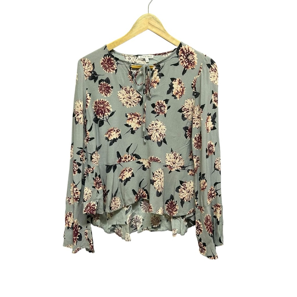 Black Swan Gray Floral Peplum Long Bell Sleeve Blouse Size S